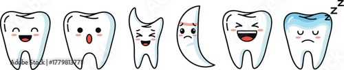 Cartoon teeth with various emotions on white background on transparent background