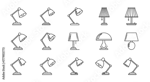 Collection of diverse table lamp outline icons, perfect for graphic and web design, apps, adverts, and various cards. This ordered set features a clean vector cartoon illustration on a white
