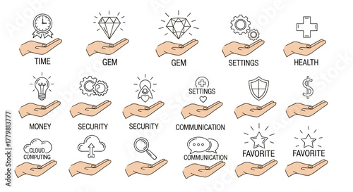 Collection of outline icons held in an open hand, representing concepts like time, gem, health, money, security, communication, cloud computing, and favorite, designed for graphic and web design