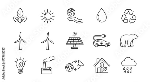A comprehensive line icon set illustrating environmental themes, including nature elements like leaves, sun, water drops, and rain, alongside wildlife such as a polar bear and animal cycle graphics