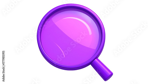 Purple magnifying glass illustration on black. Round lens reflects pink. Handle is vertical