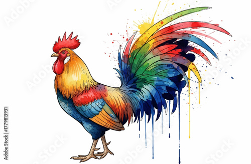 Colorful rooster watercolor art with vibrant ink splash and paint splatter, a creative vector illustration design element on a white background