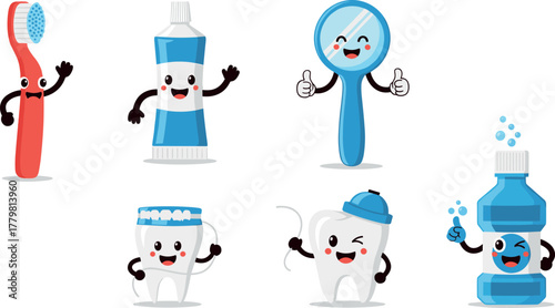 Cartoon dental hygiene items: toothbrush, toothpaste, mirror, teeth, and mouthwash on transparent background