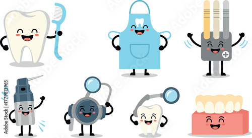 Cartoon dental characters and tools with smiling faces on transparent background