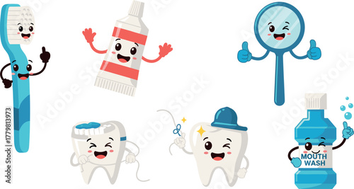 Cartoon dental hygiene items: toothbrush, toothpaste, mirror, floss, tooth, and mouthwash on transparent background