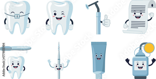Cartoon dental icons: teeth, tools, and supplies on transparent background