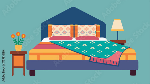 A bedroom with a simple platform bed dressed with an embroidered quilt and a mix of patterned throw pillows.