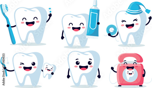 Cartoon illustration of teeth and dental hygiene products on transparent background