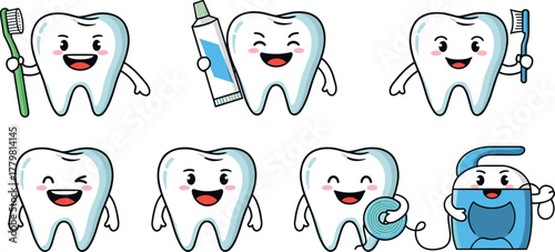Cartoon teeth with dental hygiene tools on transparent background