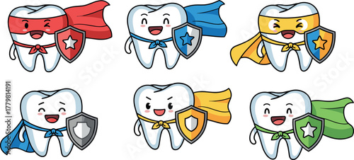 Cartoon teeth as superheroes with capes and shields on transparent background