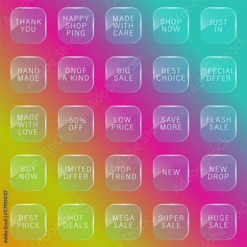 Set of glass shopping buttons on a bright gradient background. Texts like SALE, NEW, SHOP NOW. Perfect for online stores, advertising, banners, and social media design.