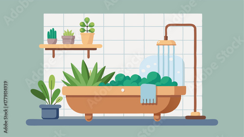 A bathroom with a wooden bathtub caddy holding succulents and a mosscovered shower mat.