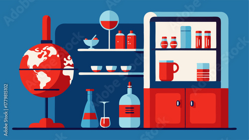 A bar area with a vintage red fridge a globeshaped decanter and shelves lined with retro tail glasses and shakers.