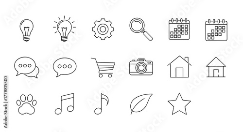 Collection of simple outline icons suitable for web, books, cards, and apps, featuring a lightbulb, chat bubbles, gear, magnifying glass, calendar, shopping cart, camera, house, paw print, musical