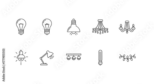 A curated collection of minimalistic line icons representing various lighting elements, including classic incandescent bulbs, modern LED tubes, elegant chandeliers, functional desk lamps, and