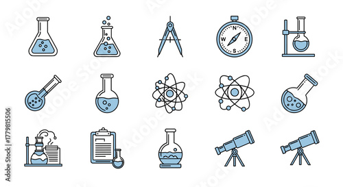 Modern Science Line Icon Bundle: A comprehensive collection of linear vector graphics featuring laboratory flasks, atomic models, compasses, telescopes, and drafting tools, perfect for design