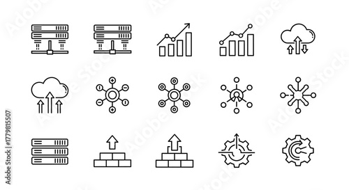 Scalability and scalable system line art vector icon for apps and websites, representing growth and expansion, presented as a clean, ordered line icon set on a white background, perfect for