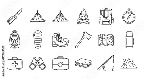Collection of Camping and Outdoor Adventure Line Icons, Featuring a Folding Knife, Tent, Campfire, Backpack, Compass, Lantern, Sleeping Bag, Hiking Boots, Axe, Map, Thermos, First Aid Kit