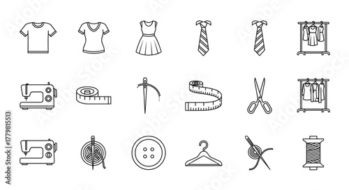 Set of sewing and garment related line icons, editable stroke for design, web sites, apps, cards. Includes linear images of t-shirt, dress, tie, measuring tape, needle, scissors, sewing machine