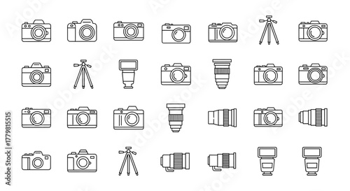 Collection of line art icons representing various photography equipment, including cameras, lenses, tripods, and flashes, presented in a clean, minimalist style suitable for digital applications and