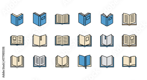 Collection of simple, linear, filled color icons representing opened books in various styles, including minimalistic linear pictograms suitable for web and graphic design, apps, banners, social