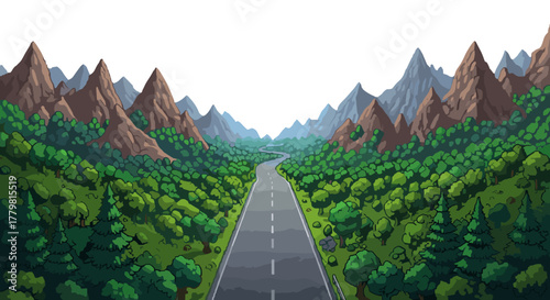 Pixel art game level vector featuring a winding asphalt road leading through a dense, vibrant green forest and rolling hills towards majestic, rugged mountains under a clear, bright sky, evoking a