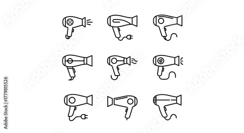 A simple, clean vector cartoon illustration of a hair dryer, presented as an icon suitable for graphics, apps, or websites. The design features a white background, emphasizing the minimalist and