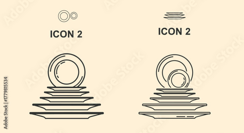 Stack of plates outline symbol for graphic and web design, apps, adverts, various cards, vector cartoon illustration. Two different icons of stacked plates, one with a single plate on top and another