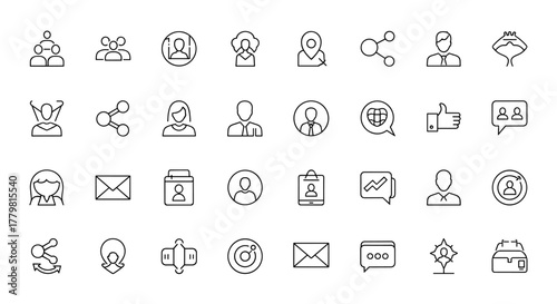 Social network line icons collection, big UI icon set in a flat design, thin outline icons pack, vector illustration EPS10, ordered line icon set on white background, representing people