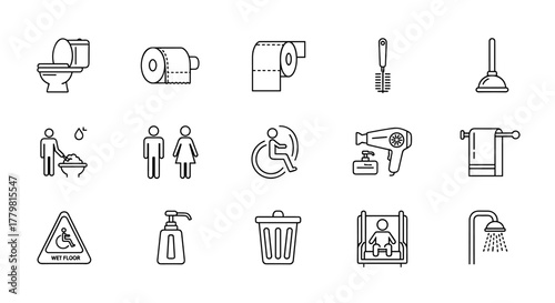 Collection of thin line icons representing bathroom and hygiene elements, including toilet, toilet paper, plunger, toilet brush, sink, shower, hairdryer, soap dispenser, trash can, baby changing