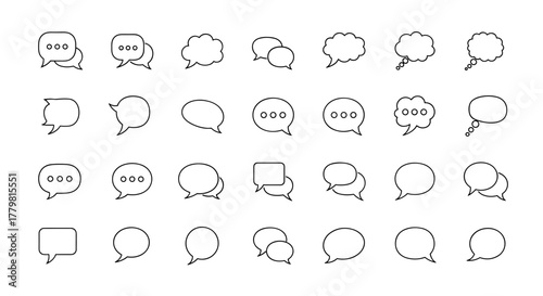Collection of minimalistic linear outline speech bubble icons, perfect for web design, graphic design, apps, banners, social networks, and cards. This set features a variety of shapes and styles
