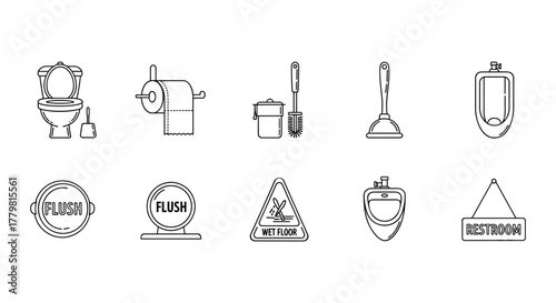 Collection of simple, isolated line icons representing toilet and restroom elements, including a toilet bowl with plunger, toilet paper roll, toilet brush and holder, plunger, urinal, flush buttons