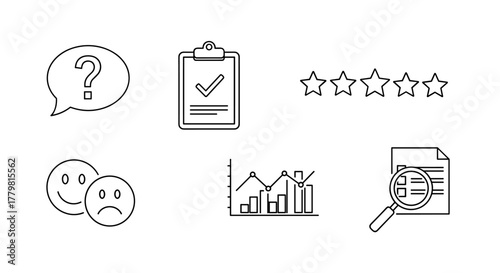 Survey icon vector set, including question symbol, feedback illustration, satisfaction symbols for web and mobile applications, representing customer opinion, research, and data collection for
