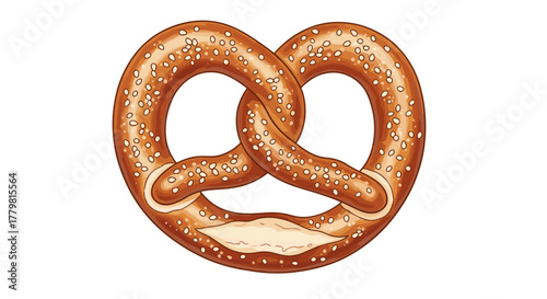 A delicious and tempting illustration of a soft pretzel, generously sprinkled with sesame seeds, presented against a stark black background, perfect for culinary themes and bakery advertisements.