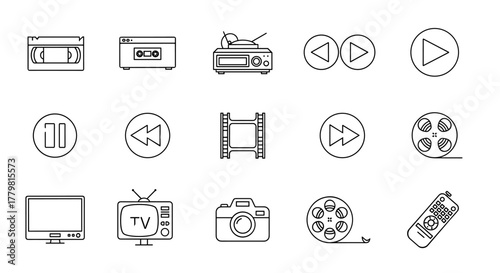 Collection of video tape line icons, including VHS, cassette player, radio, play, pause, rewind, fast forward, film reel, camera, modern and retro TV, and remote control, presented as outline signs