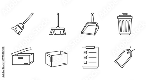 Moving and cleaning supplies vector icons for household chores and organization checklist illustration