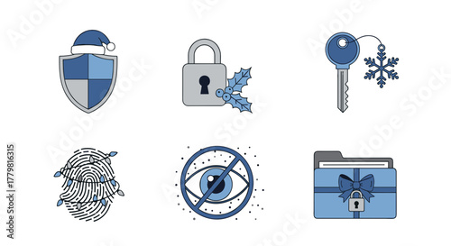 Winter holiday security concept icons for data protection and cyber safety measures and christmas season