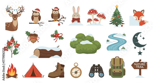 Winter forest adventure vector set with animals and camping gear for holiday design and decoration needs