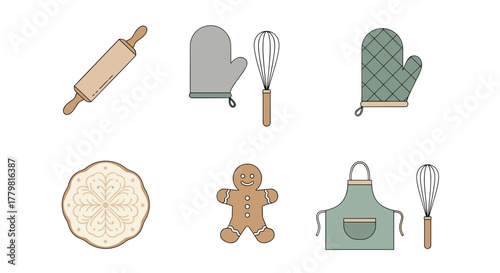 Baking tools and gingerbread man vector illustration for christmas holiday season and cooking related designs