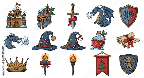 Medieval fantasy elements clip art set castle dragon sword wizard hat crown and shield illustrations