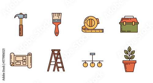 Collection of home improvement and diy tools for renovation projects and home maintenance and repair tasks