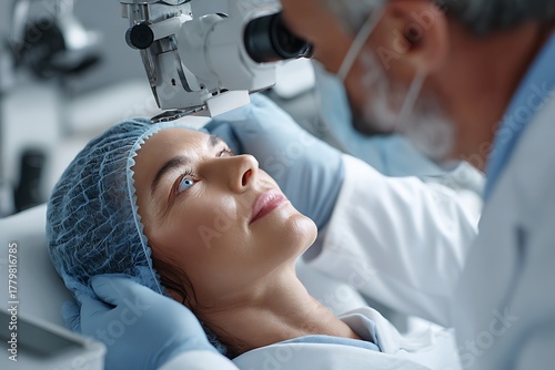 Close-up of a female patient receiving an eye exam/surgery preparation via a slit lamp microscope, symbolizing cataract treatment and ocular medical care.