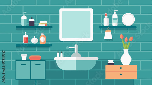 A bathroom with white subway tile a floating vanity and a few carefully selected items on display.