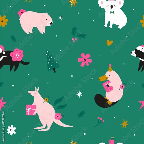Seamless Christmas Pattern with Cute Australian Animals. Festive Koala, Wombat, Platypus, and Kangaroo with Holiday Decorations. Repeatable Digital Paper Background