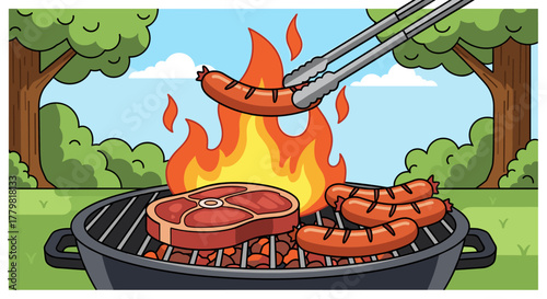 Vibrant cartoon illustration of a summer barbecue cookout, featuring a sizzling steak and plump sausages being grilled over bright orange flames, with metal tongs holding one sausage aloft, set