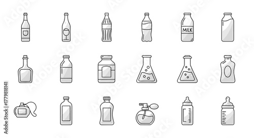 Collection of simple line icons representing various bottles and containers, including milk bottles, wine bottles, soda bottles, perfume bottles, baby bottles, and laboratory flasks, suitable for