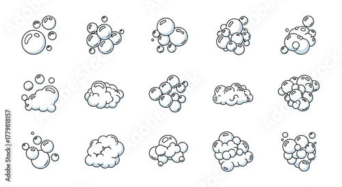 Set of 15 cartoon-style bubble and foam illustrations, hand-drawn with thin lines on a clean white background. This collection features various arrangements of spheres and frothy clouds, perfect for