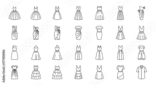 Collection of outline signs of dresses, drawn with thin line, for apps, websites, banners, infographics, and other types of design. Vector cartoon illustration of various dress styles, including ball