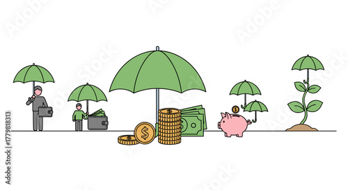 Conceptual illustration of financial security and growth, featuring a piggy bank, stacks of coins and banknotes protected by umbrellas, and a money tree seedling, symbolizing investment protection