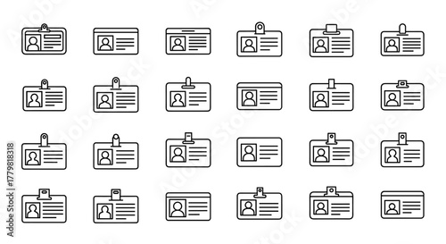 Set of 24 outline icons representing various types of identification cards, badges, and press passes, presented in a clean, linear style. These vector graphics are perfect for mobile apps, web